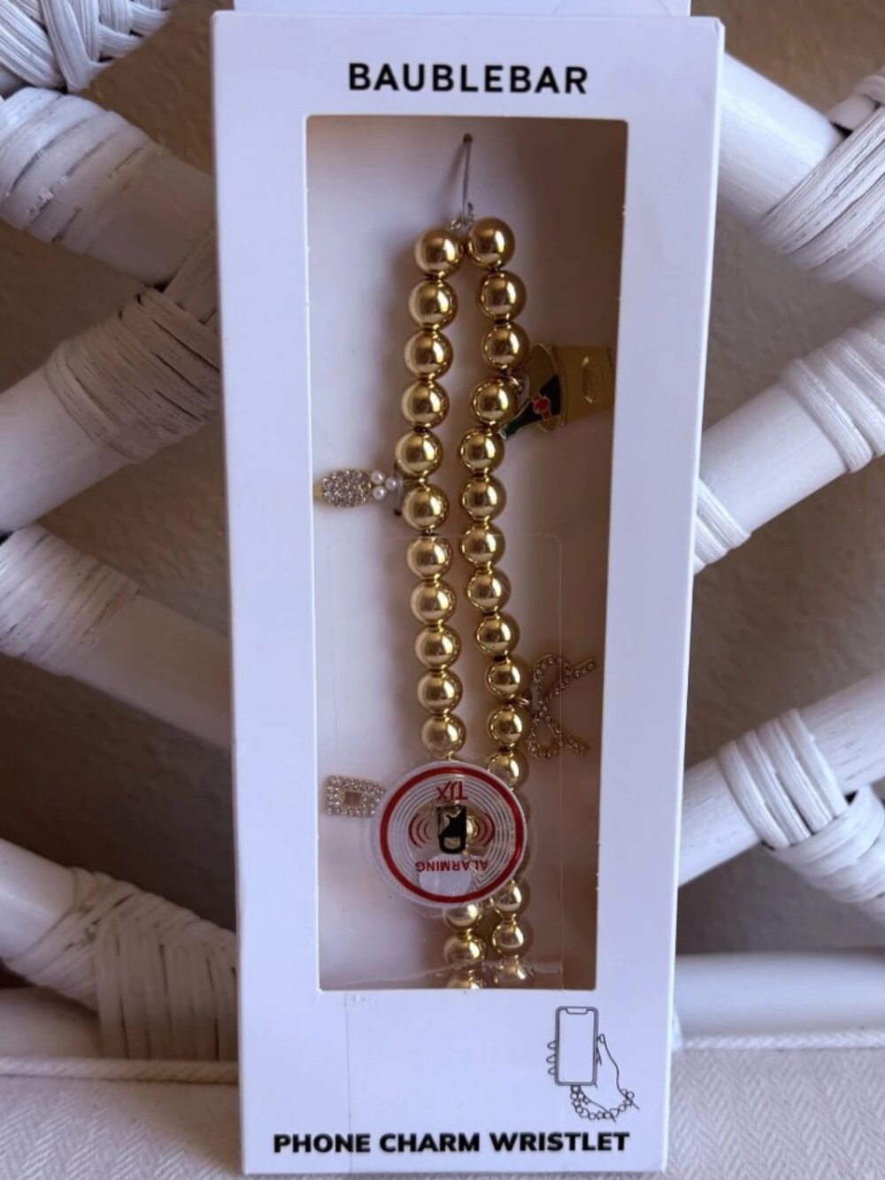 NIB BaubleBar Gold Beaded Phone Charm Wristlet Happy Hour Wine Theme